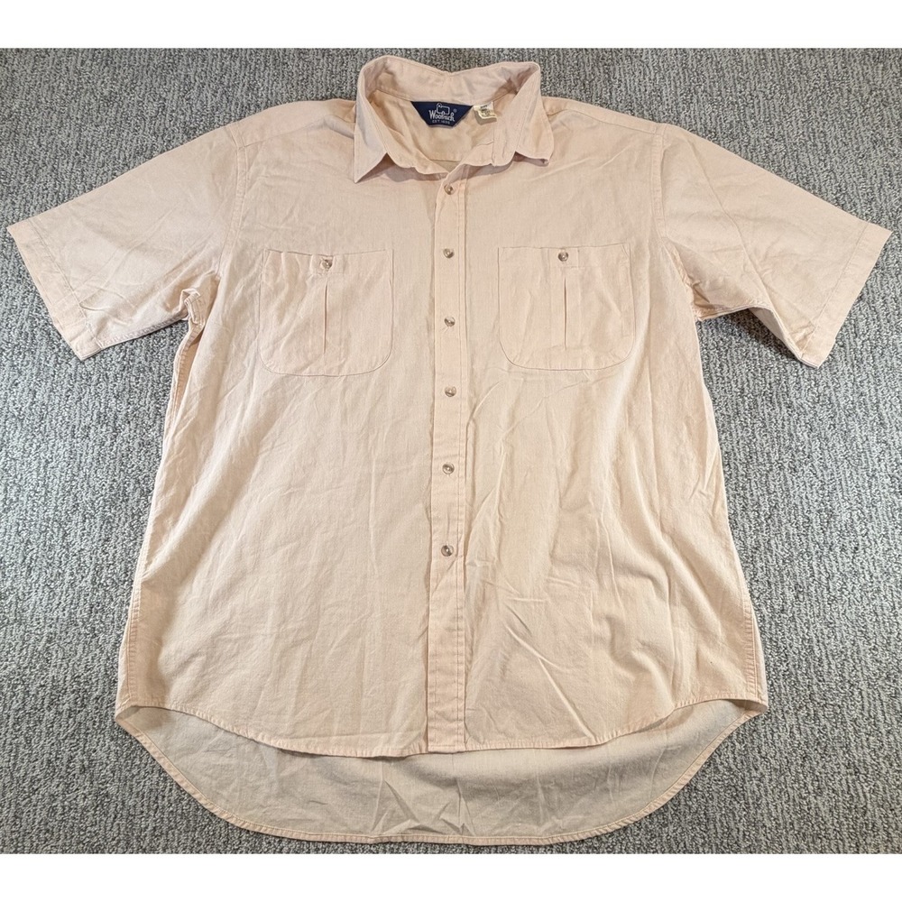 Woolrich Short Sleeve Button Up Shirt Mens XL Peach Comfort Outdoor Pockets